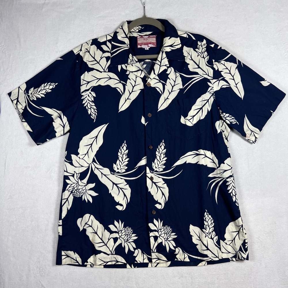 RJC Hawaiian Shirt Mens Large Navy Blue White Floral Tropical Made in Hawaii USA